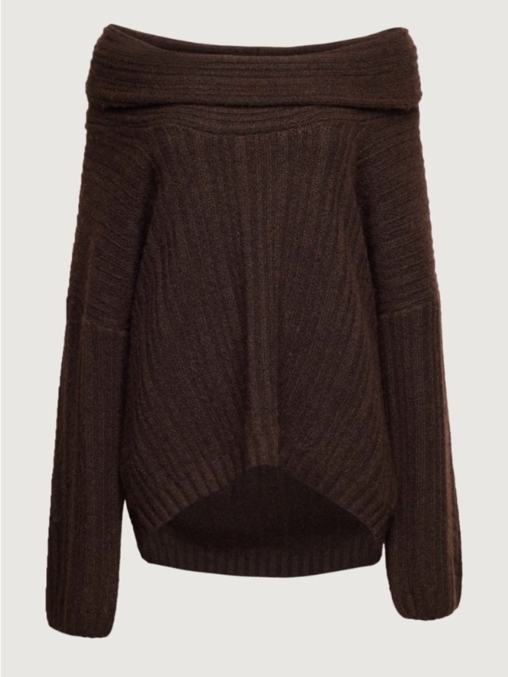OAK + FORT Brown Off-the-Shoulder Ribbed Sweater